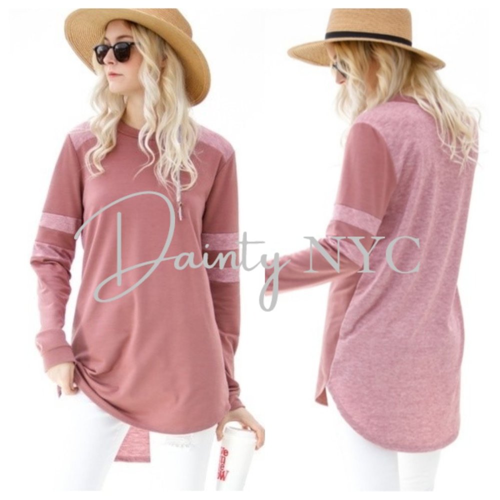 Long Stripe Sleeve Casual Top Pink High Low - Picture 2 of 8